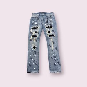 Amiri Blue Paint Splatter Print Denim Distressed Jeans M Waist 32